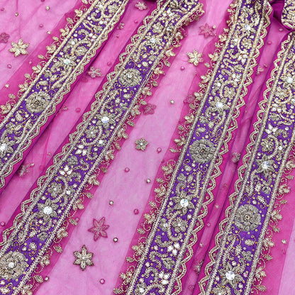 Indian Vintage Heavy Wedding Pink Dupatta Net Mesh Long Stole Hand Embroidered Scarves Golden Zardozi Dabka Zari Stole