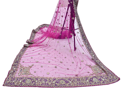 Indian Vintage Heavy Wedding Pink Dupatta Net Mesh Long Stole Hand Embroidered Scarves Golden Zardozi Dabka Zari Stole