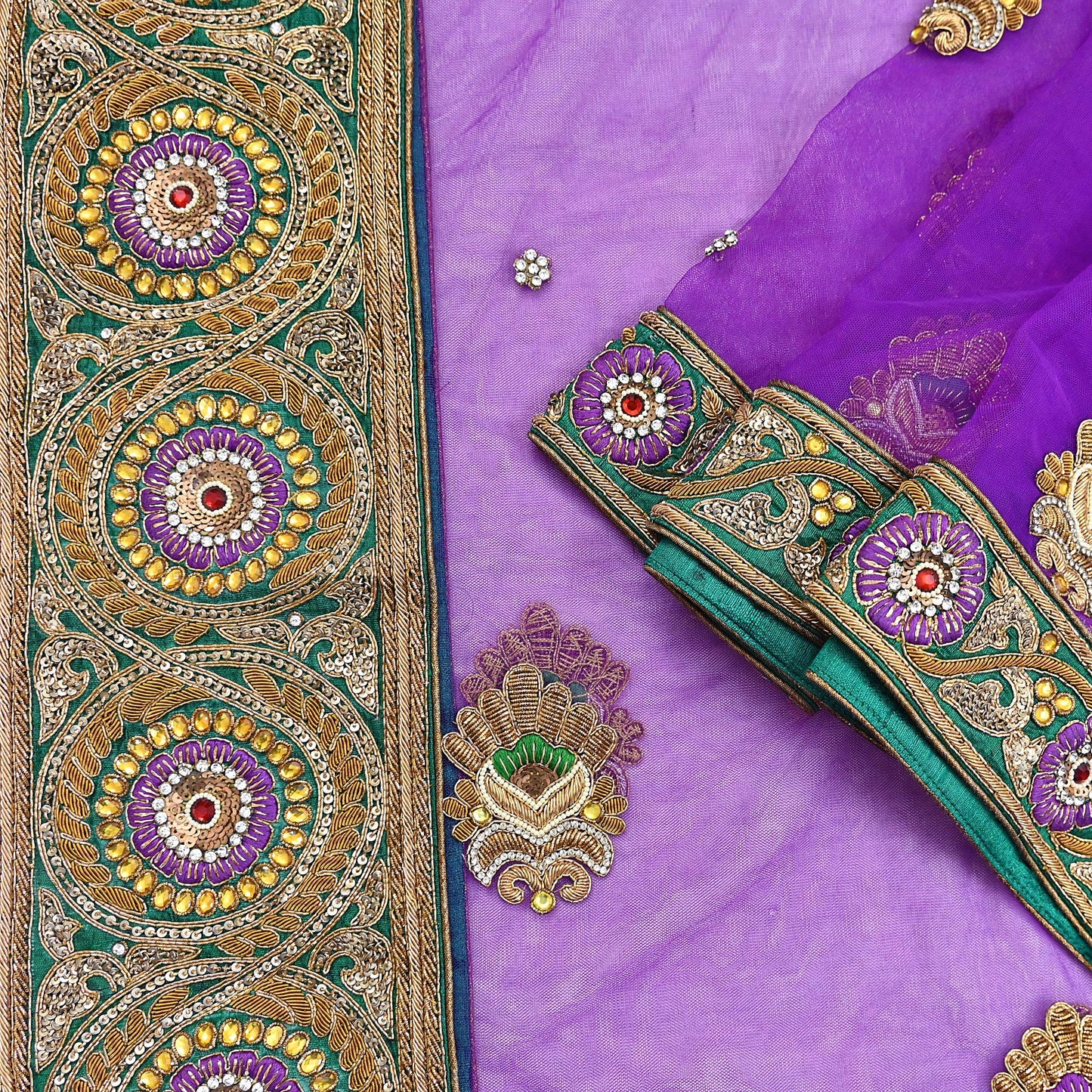 Indian Vintage Heavy Wedding Purple Dupatta Net Mesh Long Stole Hand Embroidered Scarves Golden Zardozi Dabka Zari Stole