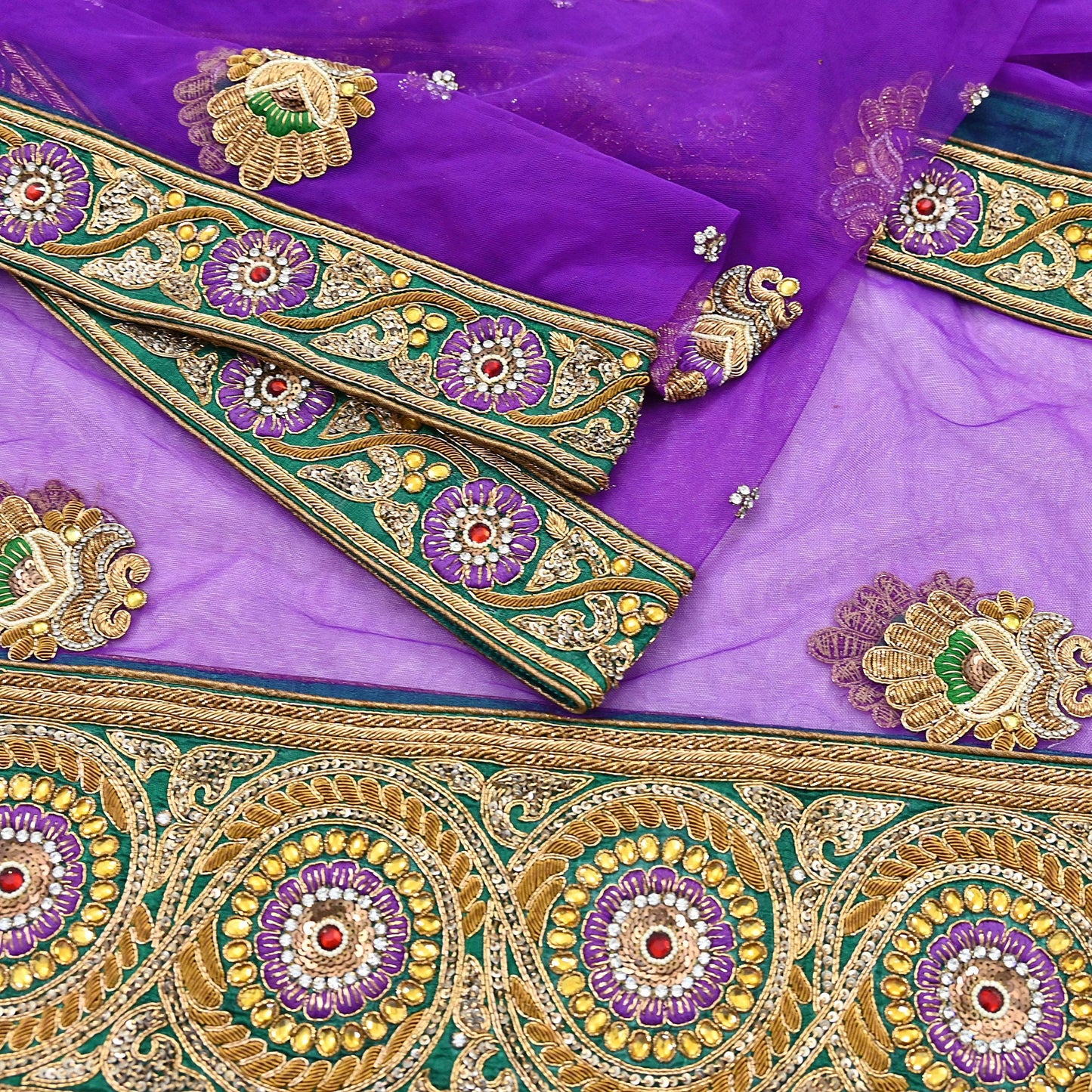 Indian Vintage Heavy Wedding Purple Dupatta Net Mesh Long Stole Hand Embroidered Scarves Golden Zardozi Dabka Zari Stole