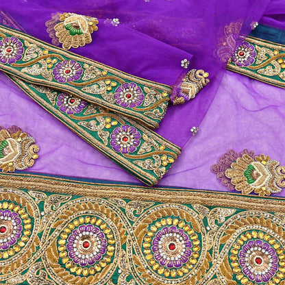 Indian Vintage Heavy Wedding Purple Dupatta Net Mesh Long Stole Hand Embroidered Scarves Golden Zardozi Dabka Zari Stole