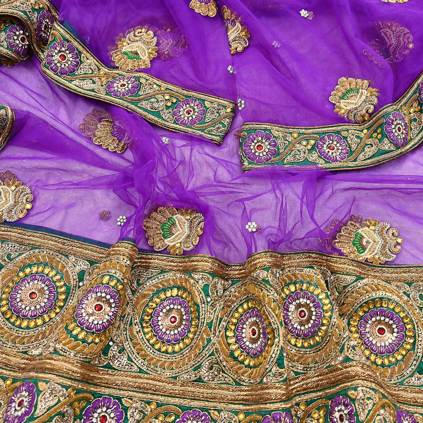 Indian Vintage Heavy Wedding Purple Dupatta Net Mesh Long Stole Hand Embroidered Scarves Golden Zardozi Dabka Zari Stole