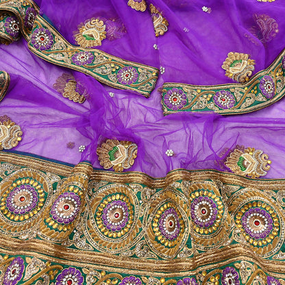 Indian Vintage Heavy Wedding Purple Dupatta Net Mesh Long Stole Hand Embroidered Scarves Golden Zardozi Dabka Zari Stole