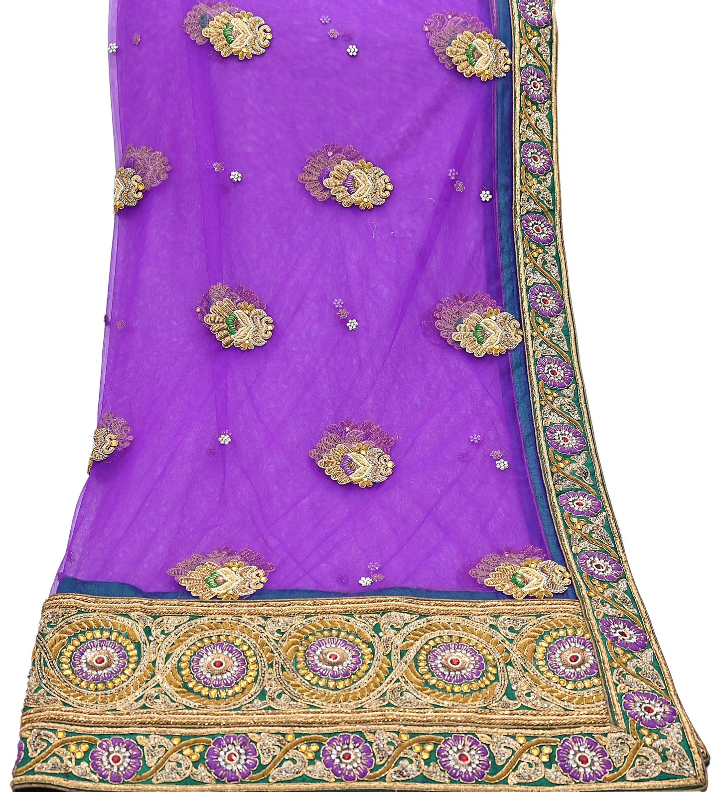 Indian Vintage Heavy Wedding Purple Dupatta Net Mesh Long Stole Hand Embroidered Scarves Golden Zardozi Dabka Zari Stole