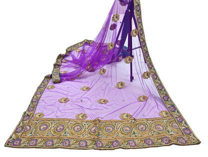 Indian Vintage Heavy Wedding Purple Dupatta Net Mesh Long Stole Hand Embroidered Scarves Golden Zardozi Dabka Zari Stole