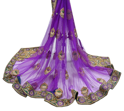 Indian Vintage Heavy Wedding Purple Dupatta Net Mesh Long Stole Hand Embroidered Scarves Golden Zardozi Dabka Zari Stole