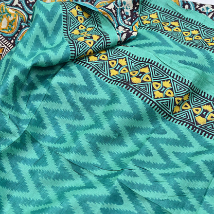 Indian Vintage Saree Green Pure Khadi Silk Handloom Printed Sari Fabric 5yard Ethnic Wear Sari Dressdesigning Quilting Upcycle