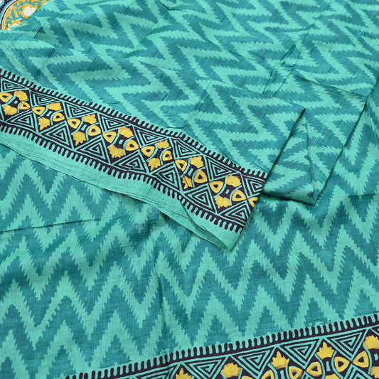 Indian Vintage Saree Green Pure Khadi Silk Handloom Printed Sari Fabric 5yard Ethnic Wear Sari Dressdesigning Quilting Upcycle