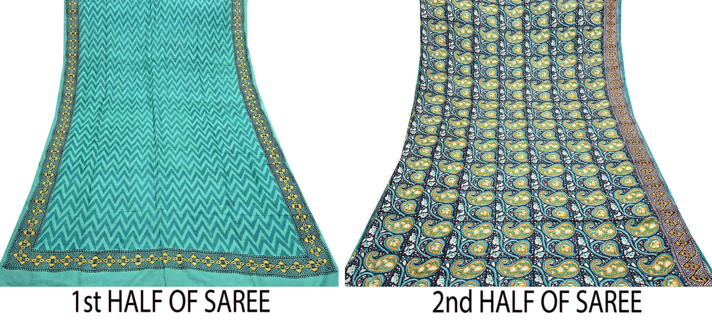 Indian Vintage Saree Green Pure Khadi Silk Handloom Printed Sari Fabric 5yard Ethnic Wear Sari Dressdesigning Quilting Upcycle