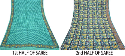 Indian Vintage Saree Green Pure Khadi Silk Handloom Printed Sari Fabric 5yard Ethnic Wear Sari Dressdesigning Quilting Upcycle