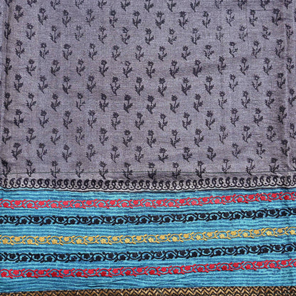 Indian Vintage Saree Gray Pure Khadi Silk Handloom Hand Beaded Sari Fabric 5yard Ethnic Dressmaking Crafting Upcycle Quilting