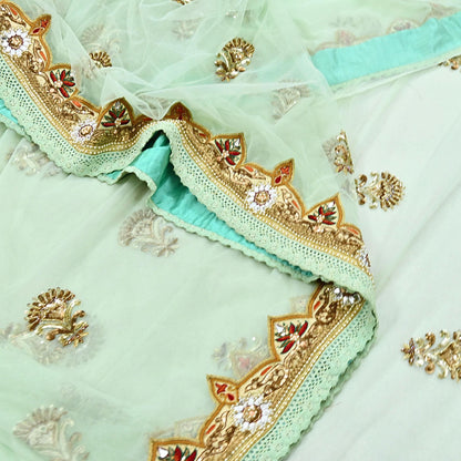 Indian Vintage Sea Green Net Saree | Heavy Hand Embroidery 6 Yards Soft Mesh Fabric Includes Blouse & Ideal for Crafting Wedding Wear