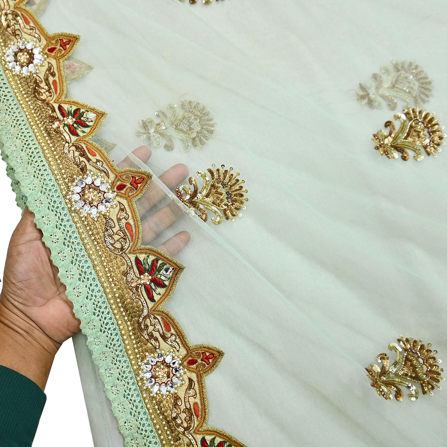 Indian Vintage Sea Green Net Saree | Heavy Hand Embroidery 6 Yards Soft Mesh Fabric Includes Blouse & Ideal for Crafting Wedding Wear