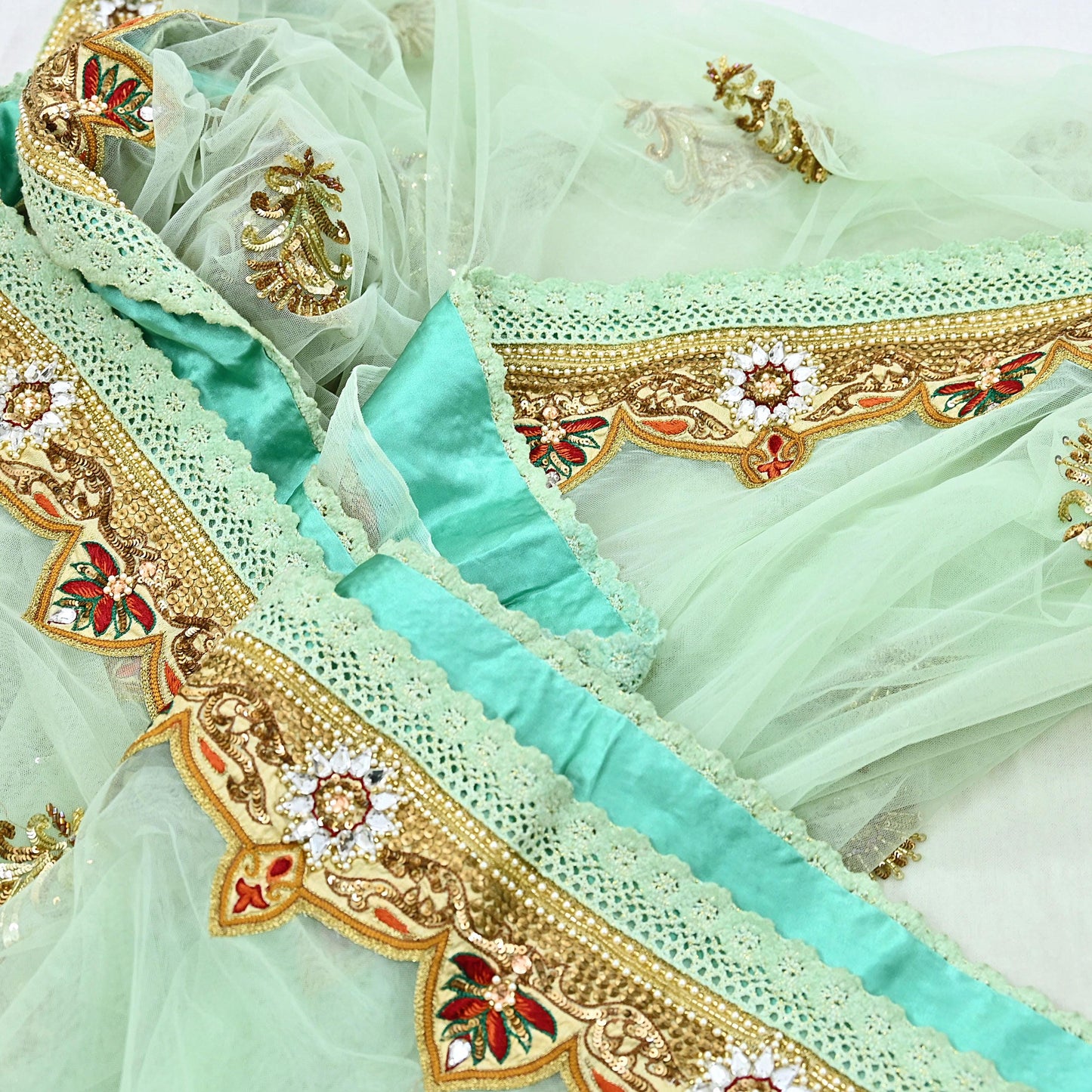 Indian Vintage Sea Green Net Saree | Heavy Hand Embroidery 6 Yards Soft Mesh Fabric Includes Blouse & Ideal for Crafting Wedding Wear