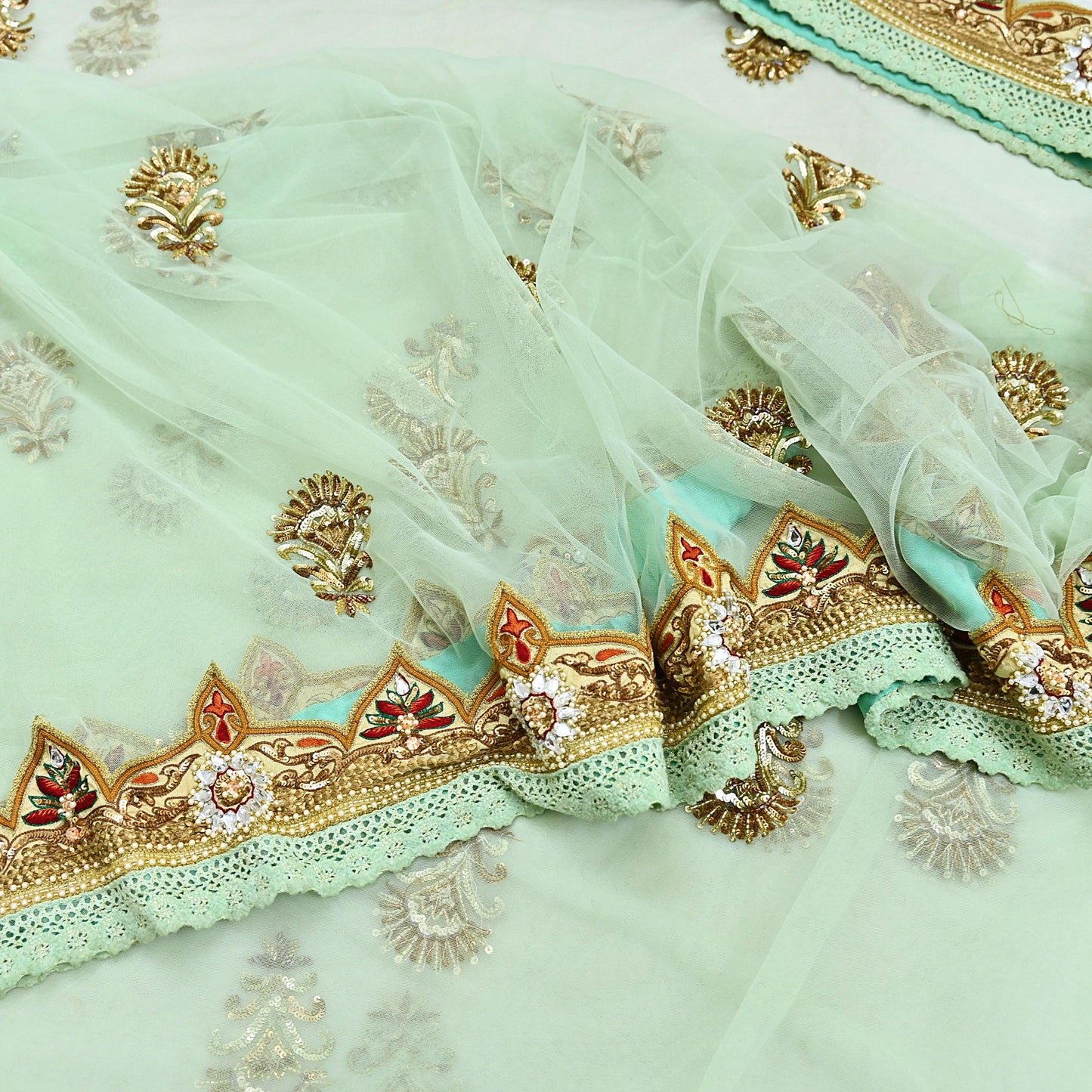 Indian Vintage Sea Green Net Saree | Heavy Hand Embroidery 6 Yards Soft Mesh Fabric Includes Blouse & Ideal for Crafting Wedding Wear