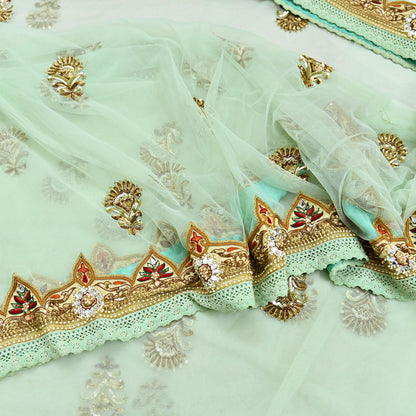 Indian Vintage Sea Green Net Saree | Heavy Hand Embroidery 6 Yards Soft Mesh Fabric Includes Blouse & Ideal for Crafting Wedding Wear