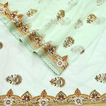 Indian Vintage Sea Green Net Saree | Heavy Hand Embroidery 6 Yards Soft Mesh Fabric Includes Blouse & Ideal for Crafting Wedding Wear