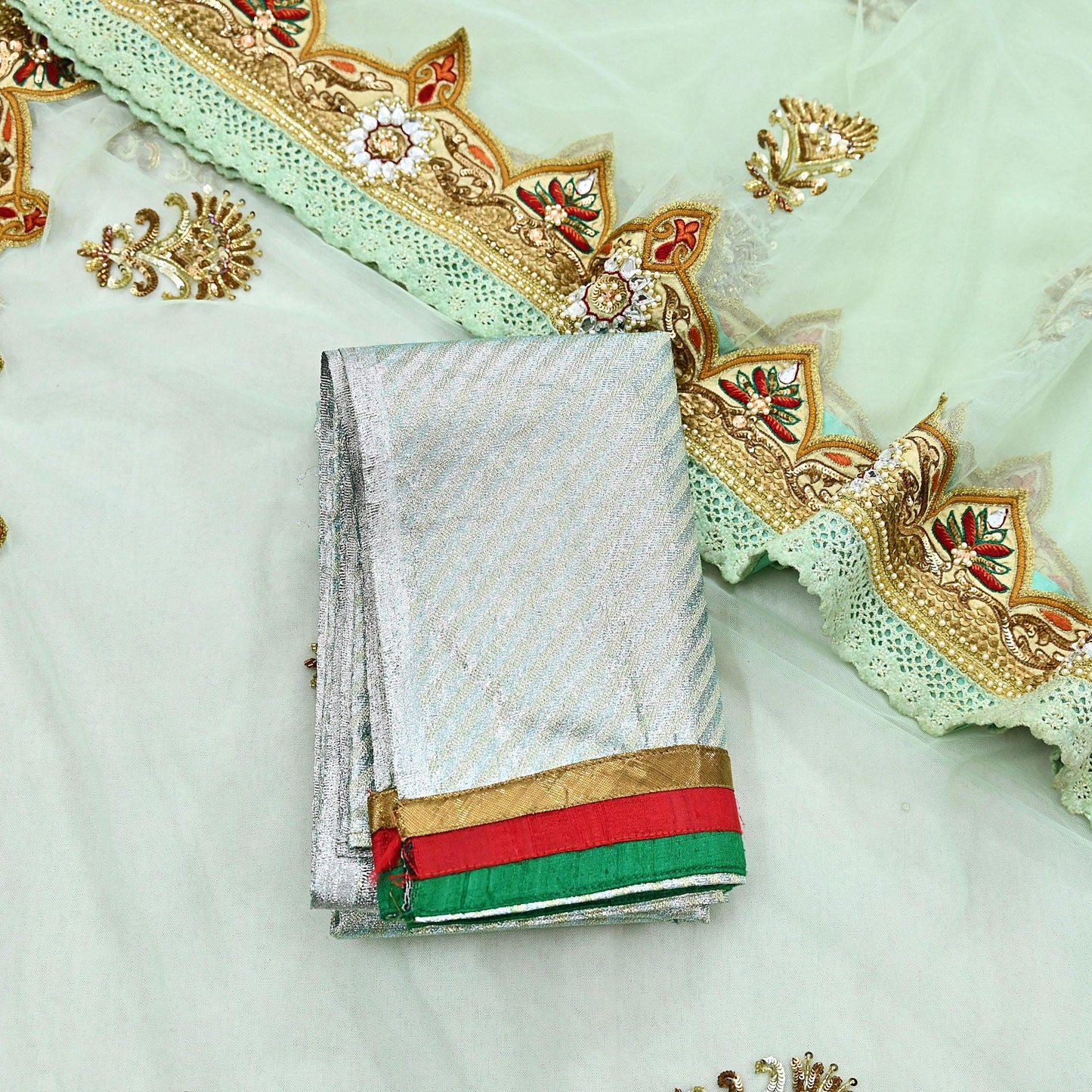 Indian Vintage Sea Green Net Saree | Heavy Hand Embroidery 6 Yards Soft Mesh Fabric Includes Blouse & Ideal for Crafting Wedding Wear