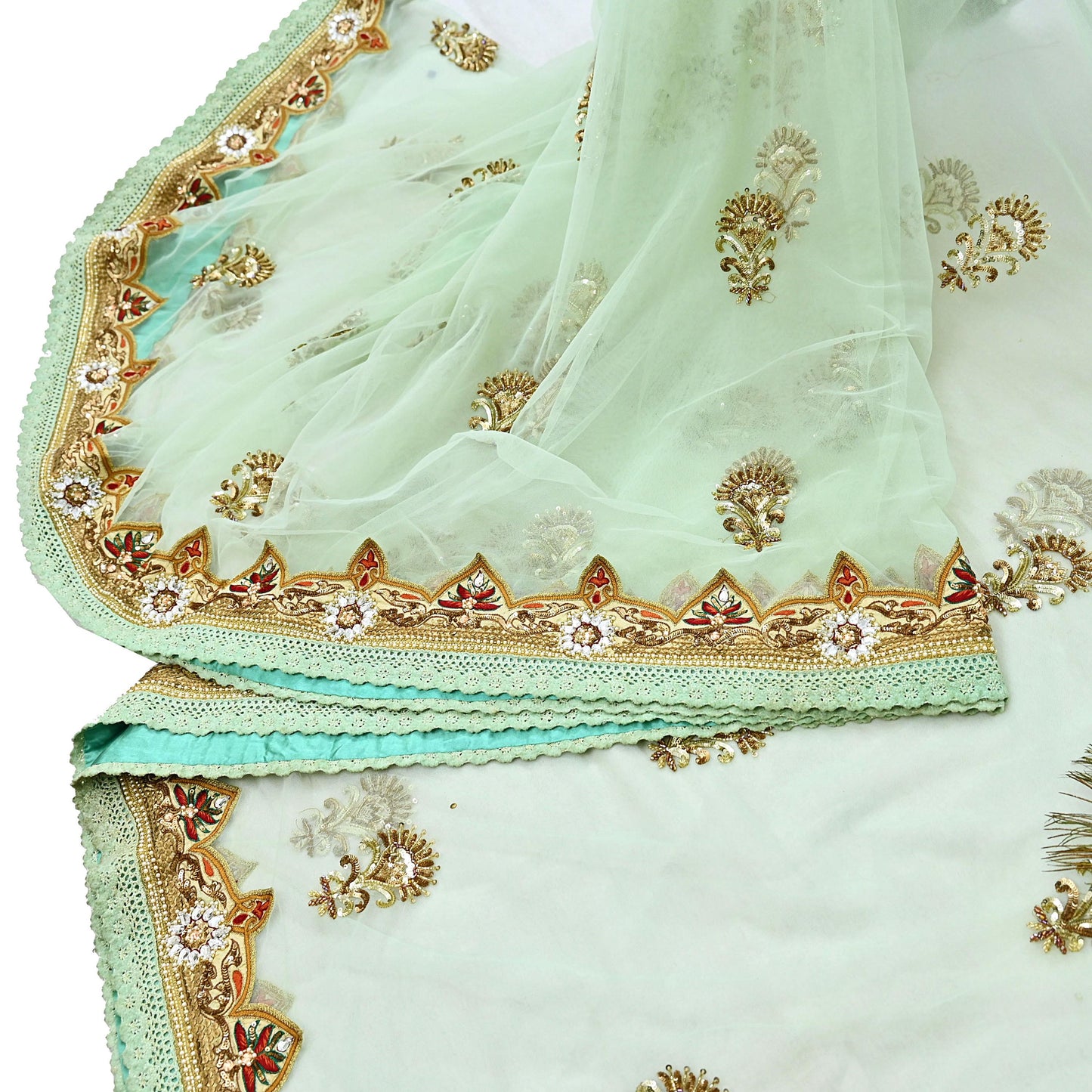 Indian Vintage Sea Green Net Saree | Heavy Hand Embroidery 6 Yards Soft Mesh Fabric Includes Blouse & Ideal for Crafting Wedding Wear