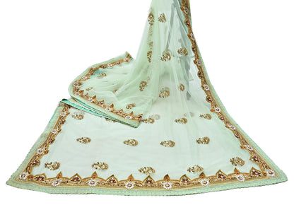 Indian Vintage Sea Green Net Saree | Heavy Hand Embroidery 6 Yards Soft Mesh Fabric Includes Blouse & Ideal for Crafting Wedding Wear