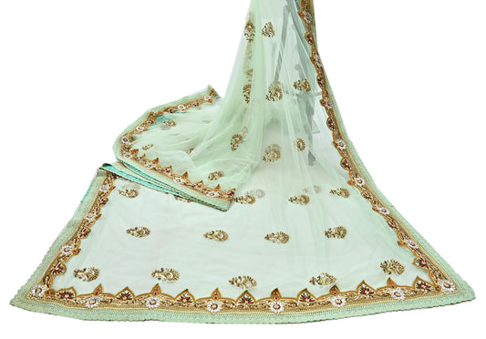 Indian Vintage Sea Green Net Saree | Heavy Hand Embroidery 6 Yards Soft Mesh Fabric Includes Blouse & Ideal for Crafting Wedding Wear