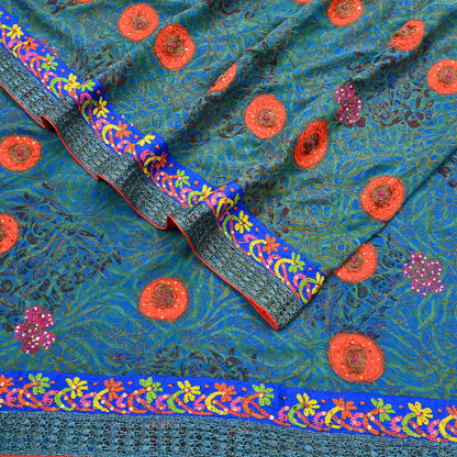 Indian Vintage Heavy Sarees Green & Blue Pure Georgette Silk Hand Embroidered Sari Fabric 6Yd Sewing Ethnic Wedding saree with blouse fabric