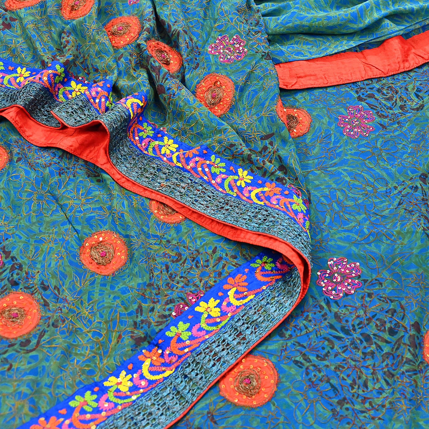 Indian Vintage Heavy Sarees Green & Blue Pure Georgette Silk Hand Embroidered Sari Fabric 6Yd Sewing Ethnic Wedding saree with blouse fabric