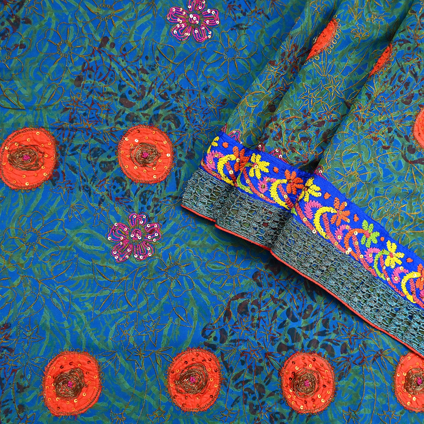 Indian Vintage Heavy Sarees Green & Blue Pure Georgette Silk Hand Embroidered Sari Fabric 6Yd Sewing Ethnic Wedding saree with blouse fabric