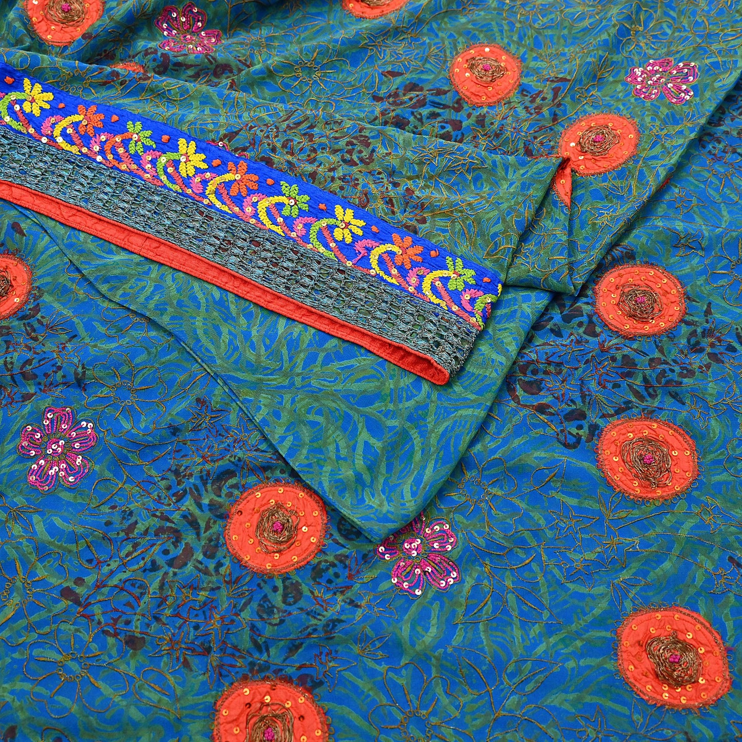 Indian Vintage Heavy Sarees Green & Blue Pure Georgette Silk Hand Embroidered Sari Fabric 6Yd Sewing Ethnic Wedding saree with blouse fabric