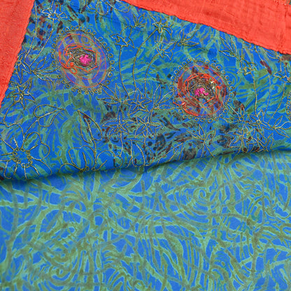 Indian Vintage Heavy Sarees Green & Blue Pure Georgette Silk Hand Embroidered Sari Fabric 6Yd Sewing Ethnic Wedding saree with blouse fabric
