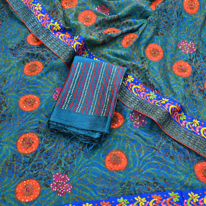 Indian Vintage Heavy Sarees Green & Blue Pure Georgette Silk Hand Embroidered Sari Fabric 6Yd Sewing Ethnic Wedding saree with blouse fabric