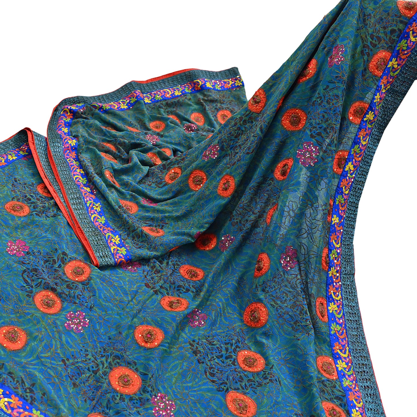 Indian Vintage Heavy Sarees Green & Blue Pure Georgette Silk Hand Embroidered Sari Fabric 6Yd Sewing Ethnic Wedding saree with blouse fabric