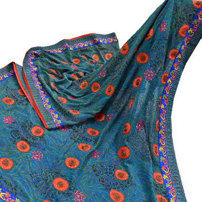 Indian Vintage Heavy Sarees Green & Blue Pure Georgette Silk Hand Embroidered Sari Fabric 6Yd Sewing Ethnic Wedding saree with blouse fabric