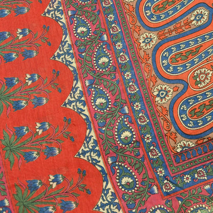 Indian Vintage Orange Dupatta Long Stole Block Print Pure Chanderi Silk Scarves Veil Paisley Upcycle Party wear hijab Zari Border