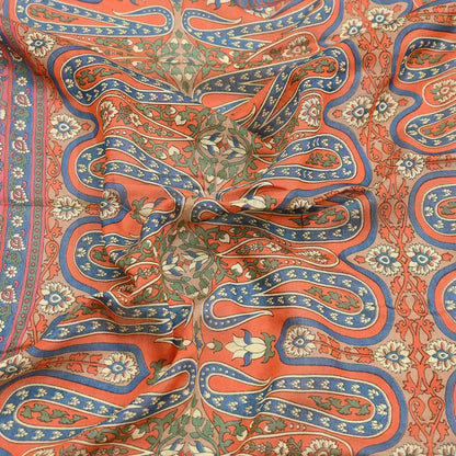 Indian Vintage Orange Dupatta Long Stole Block Print Pure Chanderi Silk Scarves Veil Paisley Upcycle Party wear hijab Zari Border