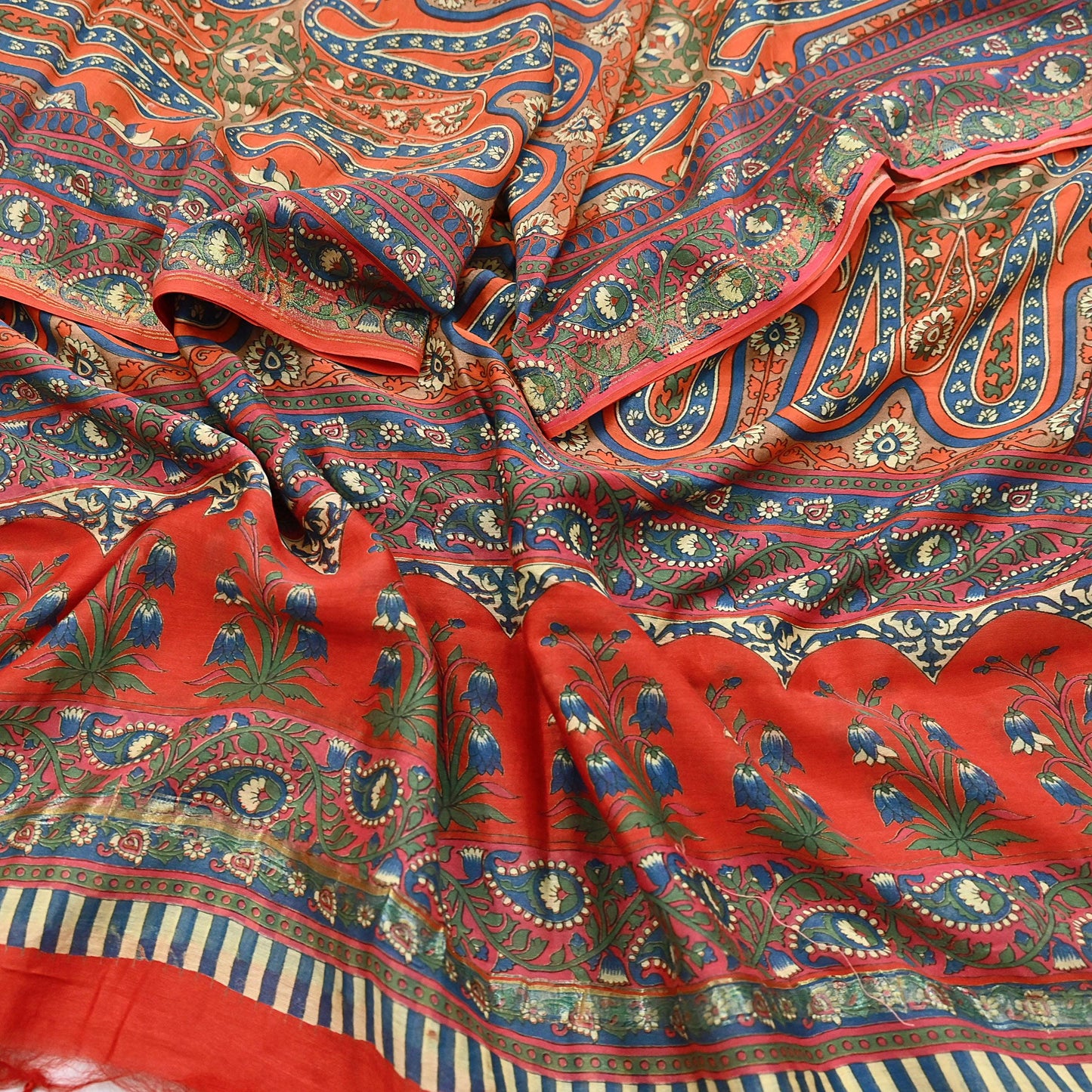 Indian Vintage Orange Dupatta Long Stole Block Print Pure Chanderi Silk Scarves Veil Paisley Upcycle Party wear hijab Zari Border
