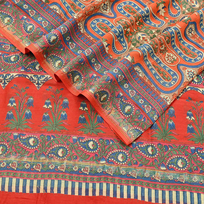 Indian Vintage Orange Dupatta Long Stole Block Print Pure Chanderi Silk Scarves Veil Paisley Upcycle Party wear hijab Zari Border