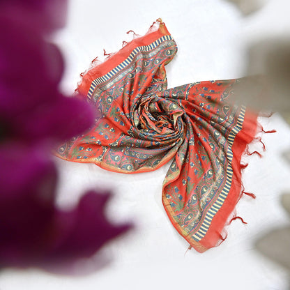 Indian Vintage Orange Dupatta Long Stole Block Print Pure Chanderi Silk Scarves Veil Paisley Upcycle Party wear hijab Zari Border