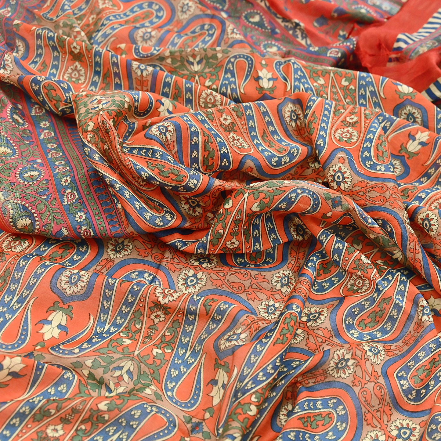 Indian Vintage Orange Dupatta Long Stole Block Print Pure Chanderi Silk Scarves Veil Paisley Upcycle Party wear hijab Zari Border