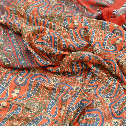 Indian Vintage Orange Dupatta Long Stole Block Print Pure Chanderi Silk Scarves Veil Paisley Upcycle Party wear hijab Zari Border