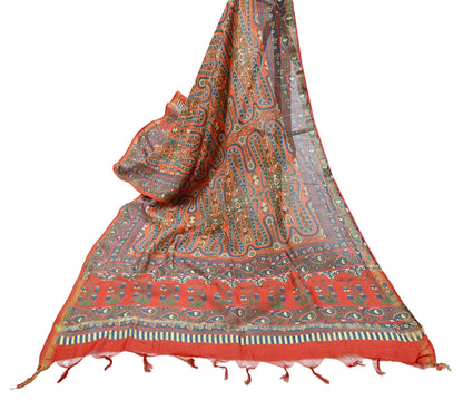 Indian Vintage Orange Dupatta Long Stole Block Print Pure Chanderi Silk Scarves Veil Paisley Upcycle Party wear hijab Zari Border