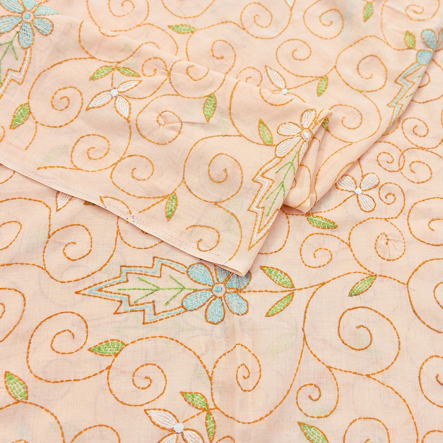Indian Vintage Dupatta Peach Long Stole Pure Cotton Hand Embroidered Kantha Scarves Veil Scarf Wrap For Women's