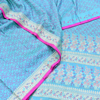 Indian Vintage Sari Blue Heavy Pure Silk Woven Banarasi Brocade Saree Fabric 5Yd Ethnic Dress making Crafting Bollywood Dress Designing