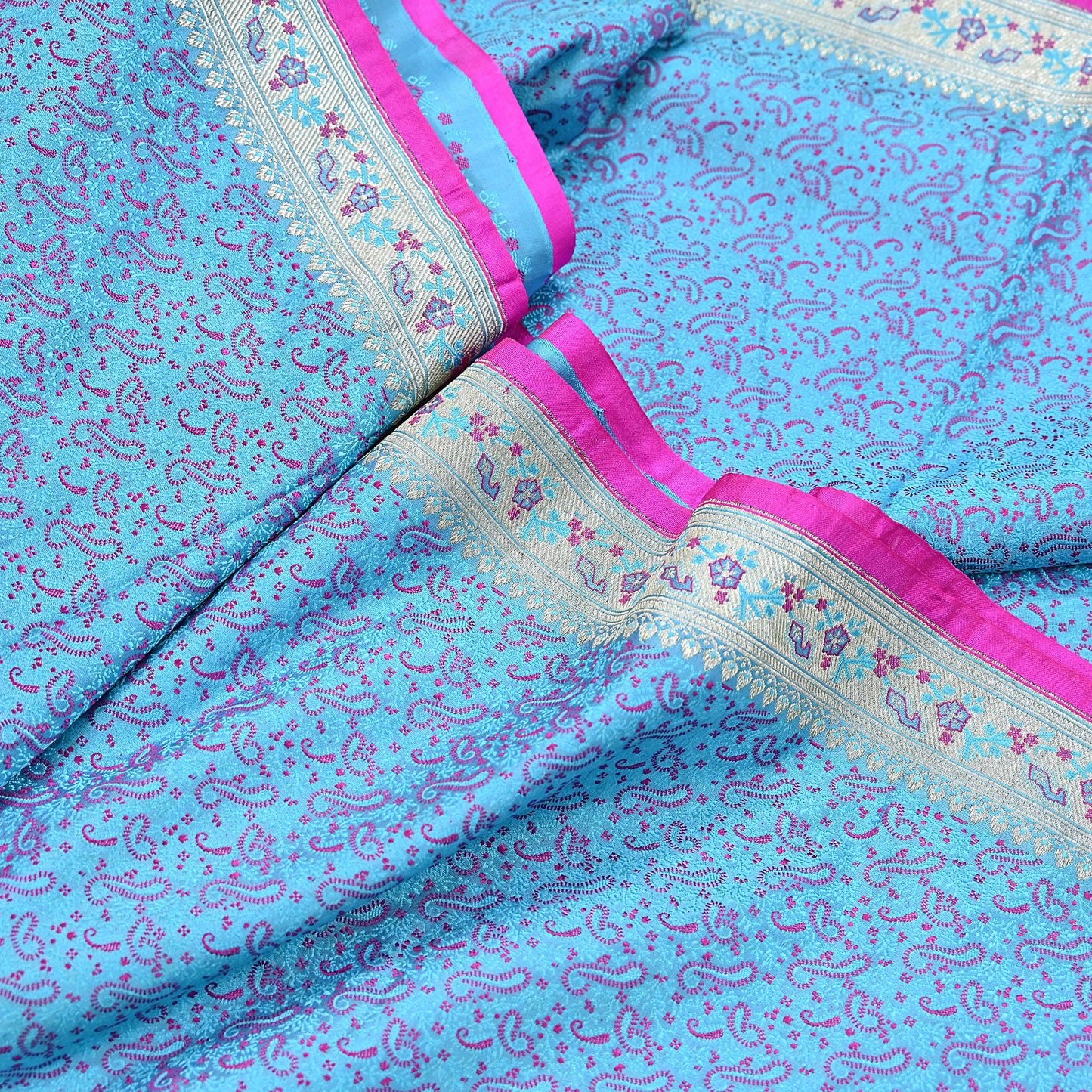 Indian Vintage Sari Blue Heavy Pure Silk Woven Banarasi Brocade Saree Fabric 5Yd Ethnic Dress making Crafting Bollywood Dress Designing