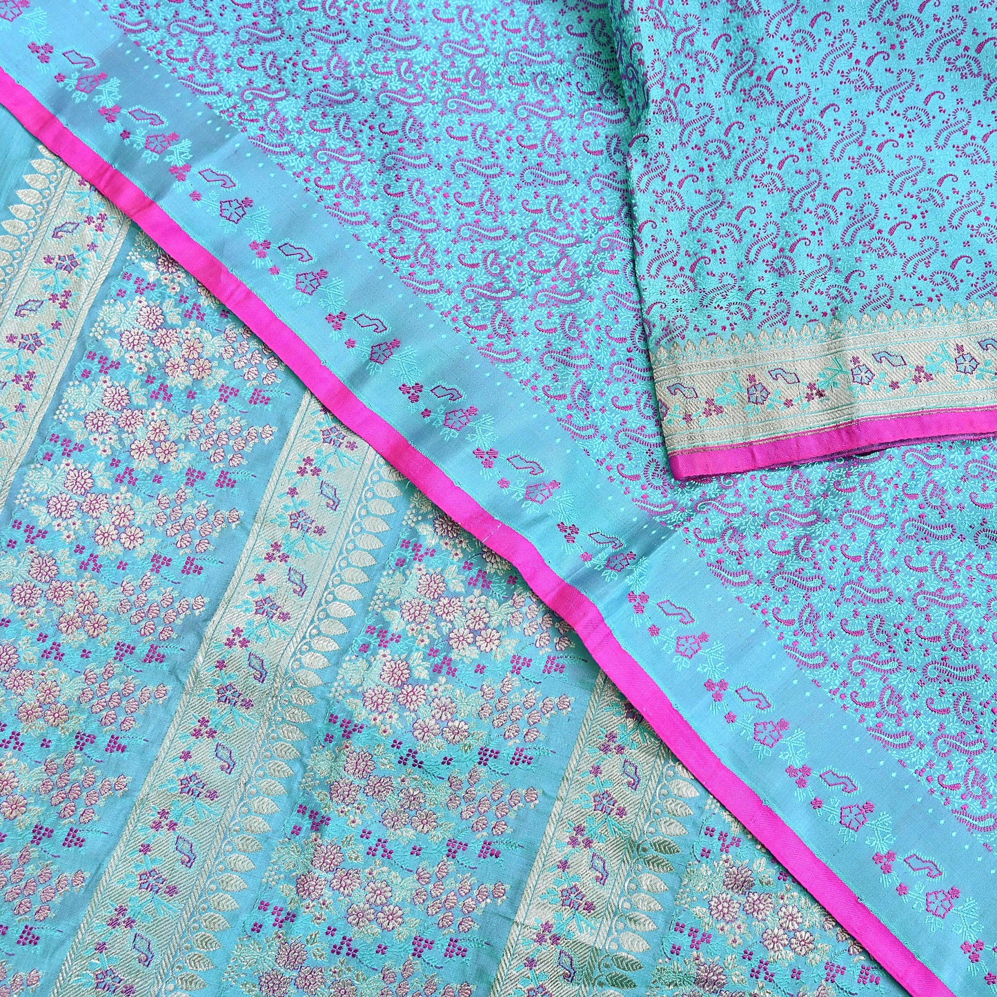Indian Vintage Sari Blue Heavy Pure Silk Woven Banarasi Brocade Saree Fabric 5Yd Ethnic Dress making Crafting Bollywood Dress Designing