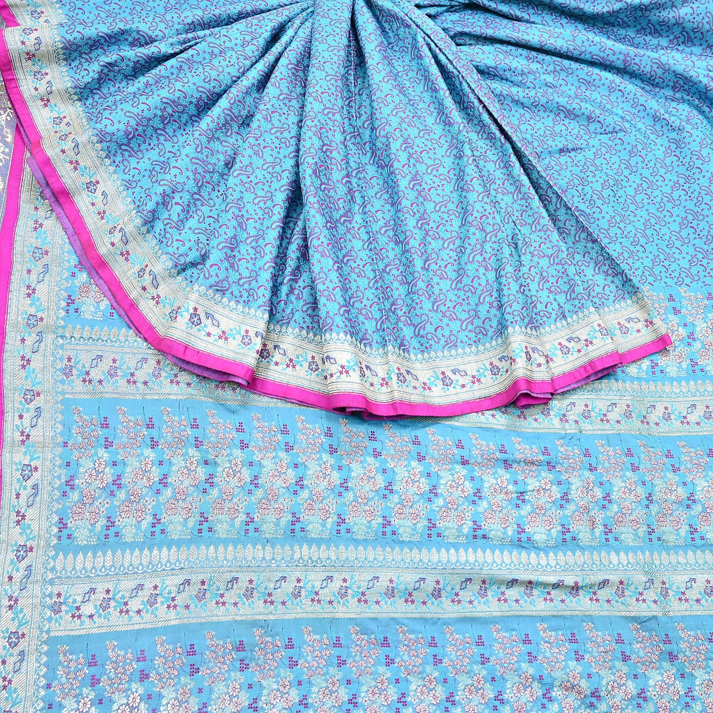 Indian Vintage Sari Blue Heavy Pure Silk Woven Banarasi Brocade Saree Fabric 5Yd Ethnic Dress making Crafting Bollywood Dress Designing
