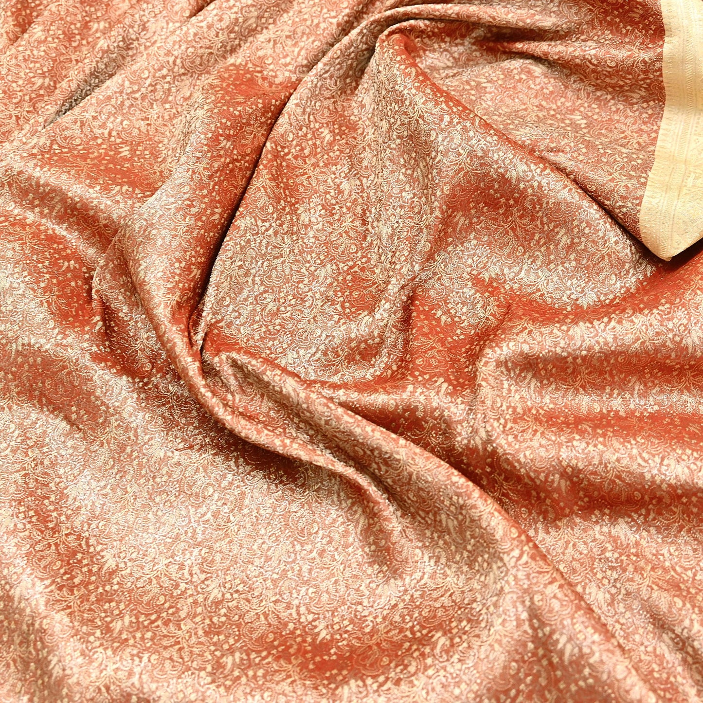 Indian Vintage Sari Rusty & beige Heavy Pure Satin Silk Woven Banarasi Tanchoi Saree 5Yd Ethnic Craft Fabric Upcycle Bridal Heavy Sarees
