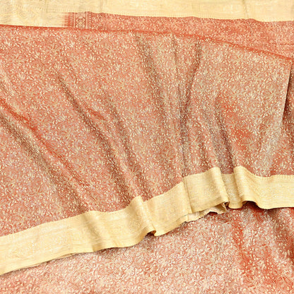 Indian Vintage Sari Rusty & beige Heavy Pure Satin Silk Woven Banarasi Tanchoi Saree 5Yd Ethnic Craft Fabric Upcycle Bridal Heavy Sarees
