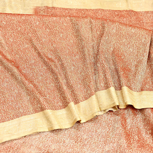 Indian Vintage Sari Rusty & beige Heavy Pure Satin Silk Woven Banarasi Tanchoi Saree 5Yd Ethnic Craft Fabric Upcycle Bridal Heavy Sarees