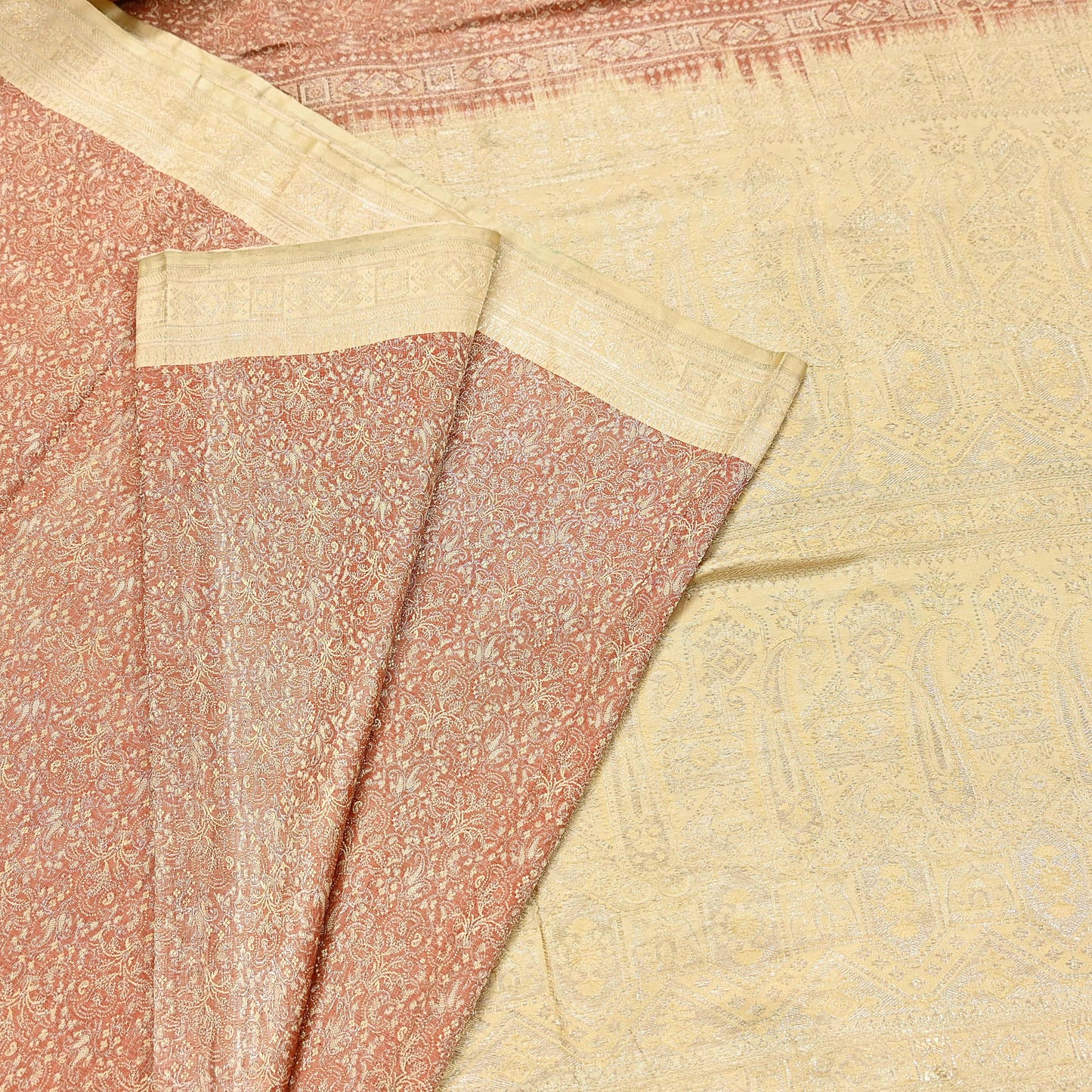 Indian Vintage Sari Rusty & beige Heavy Pure Satin Silk Woven Banarasi Tanchoi Saree 5Yd Ethnic Craft Fabric Upcycle Bridal Heavy Sarees